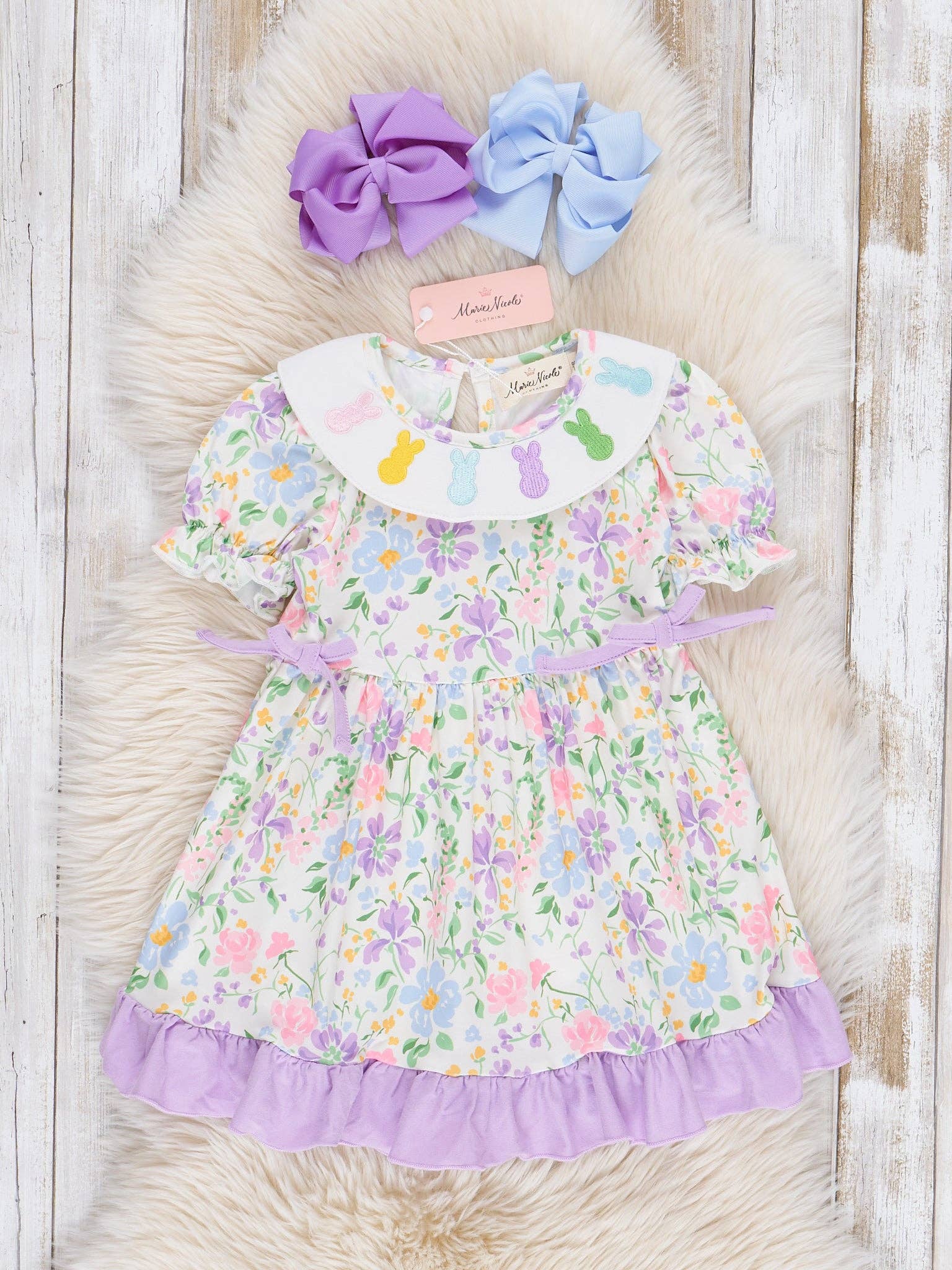 Lilac Embroidered Bunny Garden Ruffle Dress