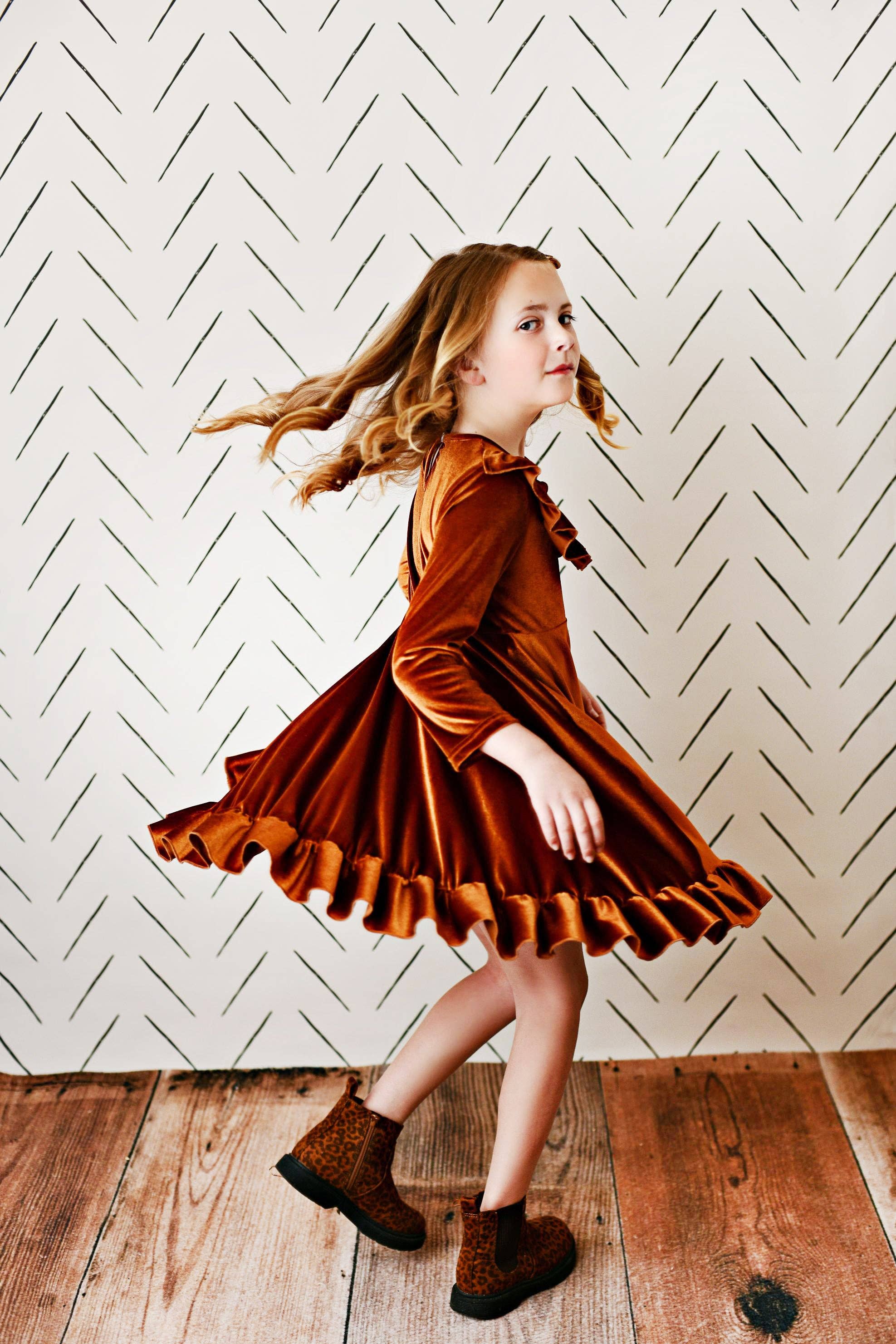 Kids Rust Velvet Ruffle Fancy Dress