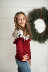 Kids Dark Red Burgundy Ruffle Yolk Sweater