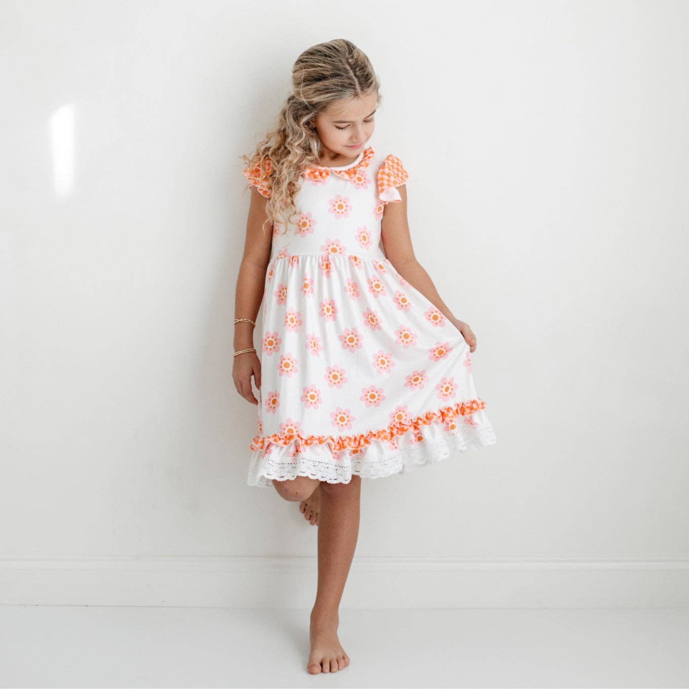 Girls Pink & Cantaloupe Flower Check Spring Summer Dress