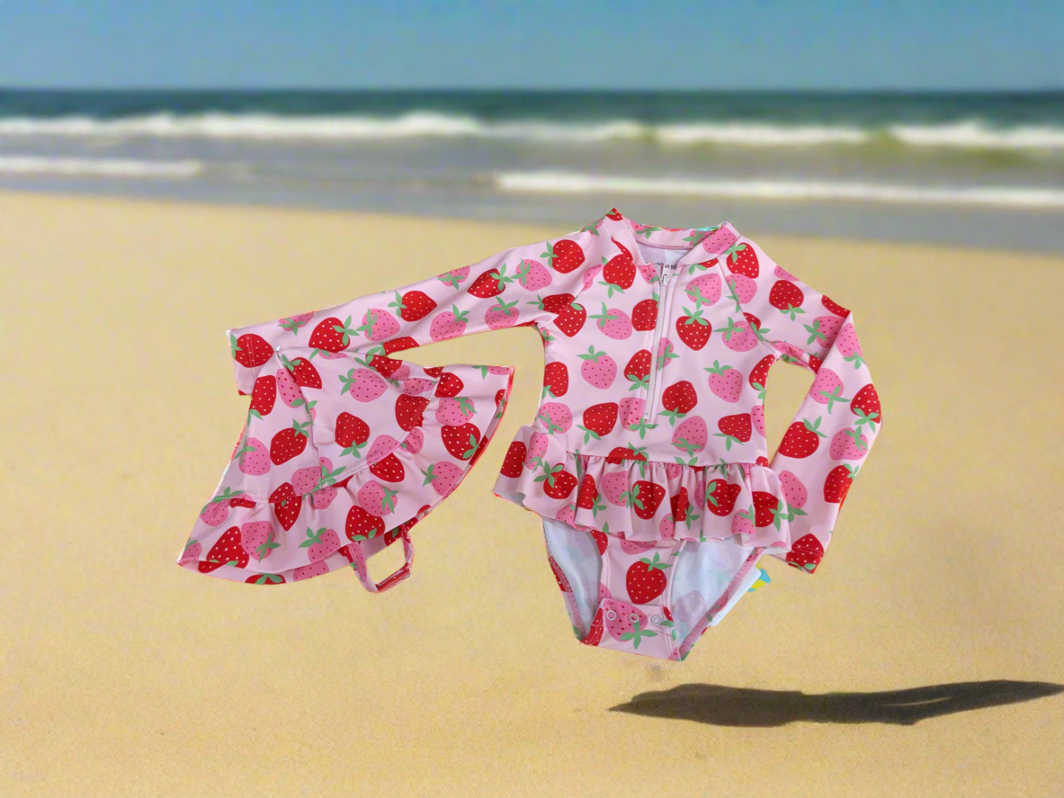 Strawberry  Rashguard Swimsuit with Hat