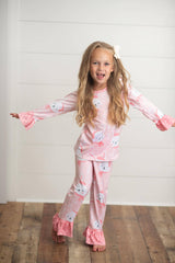Kids Pink Bunny Print Comfy Two Piece Lounge Play Set