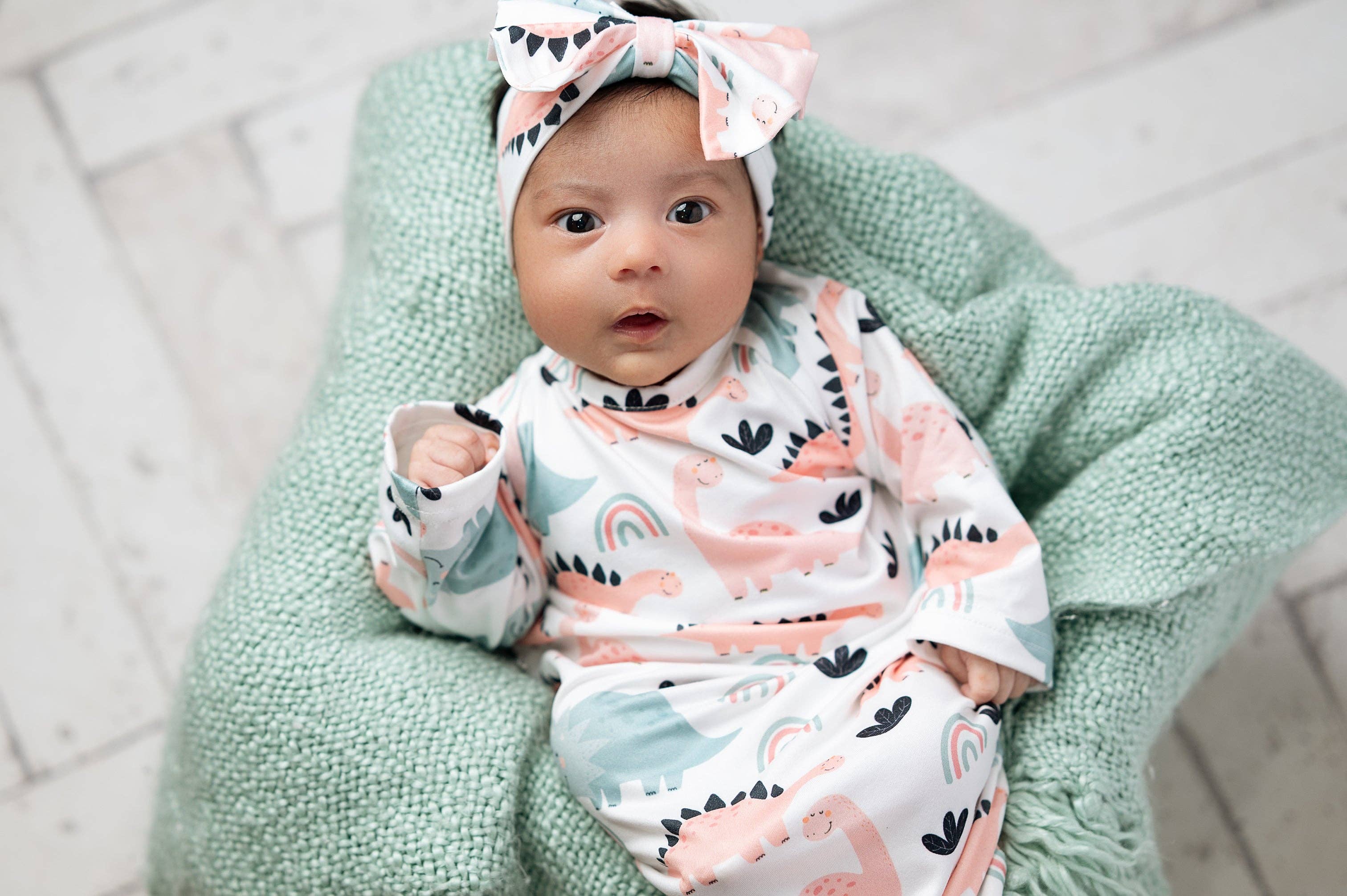 Pastel Dino Baby Gown and Bow Headband Set