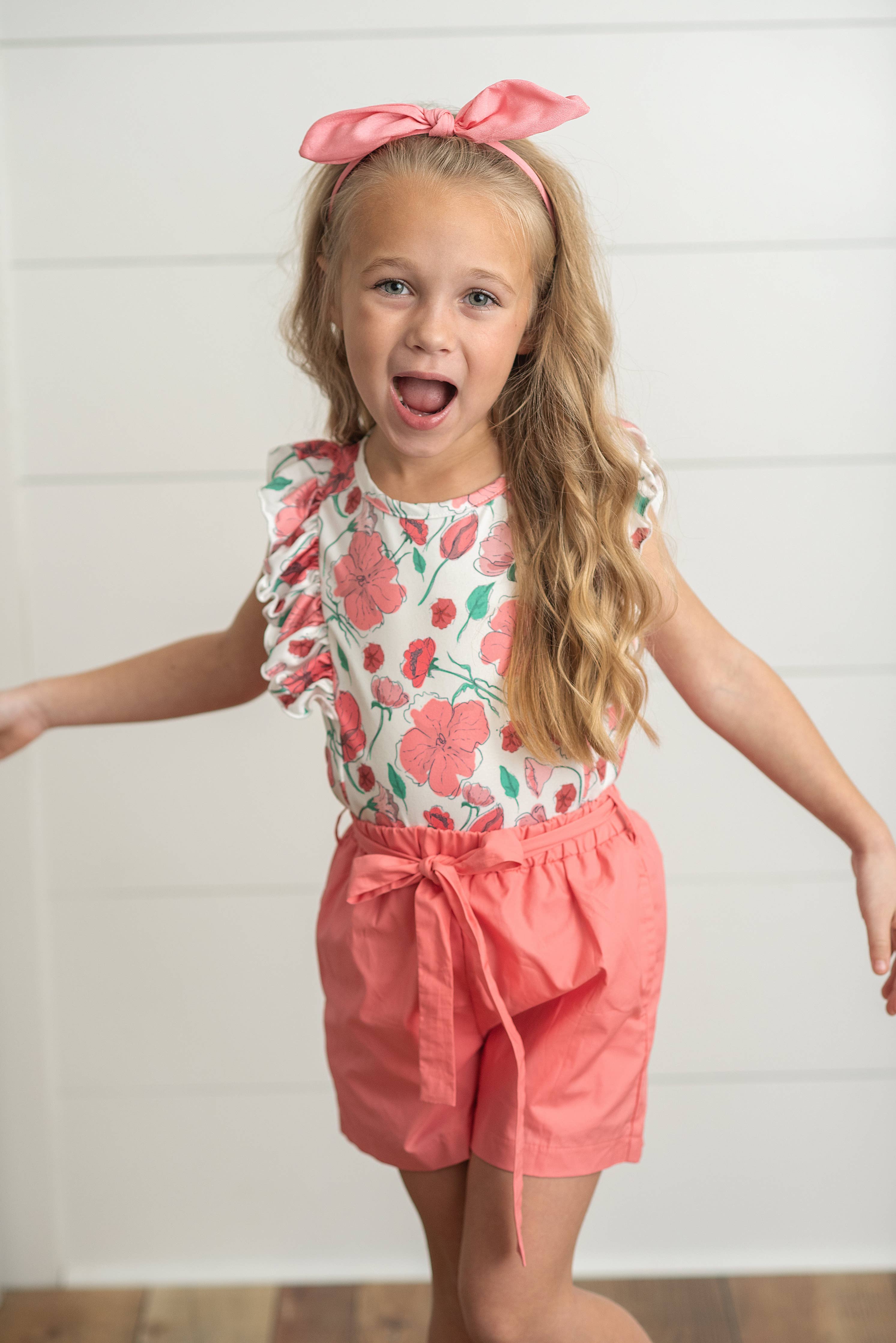 Kids Coral Pink Floral Ruffle Summer Pocket Short Set