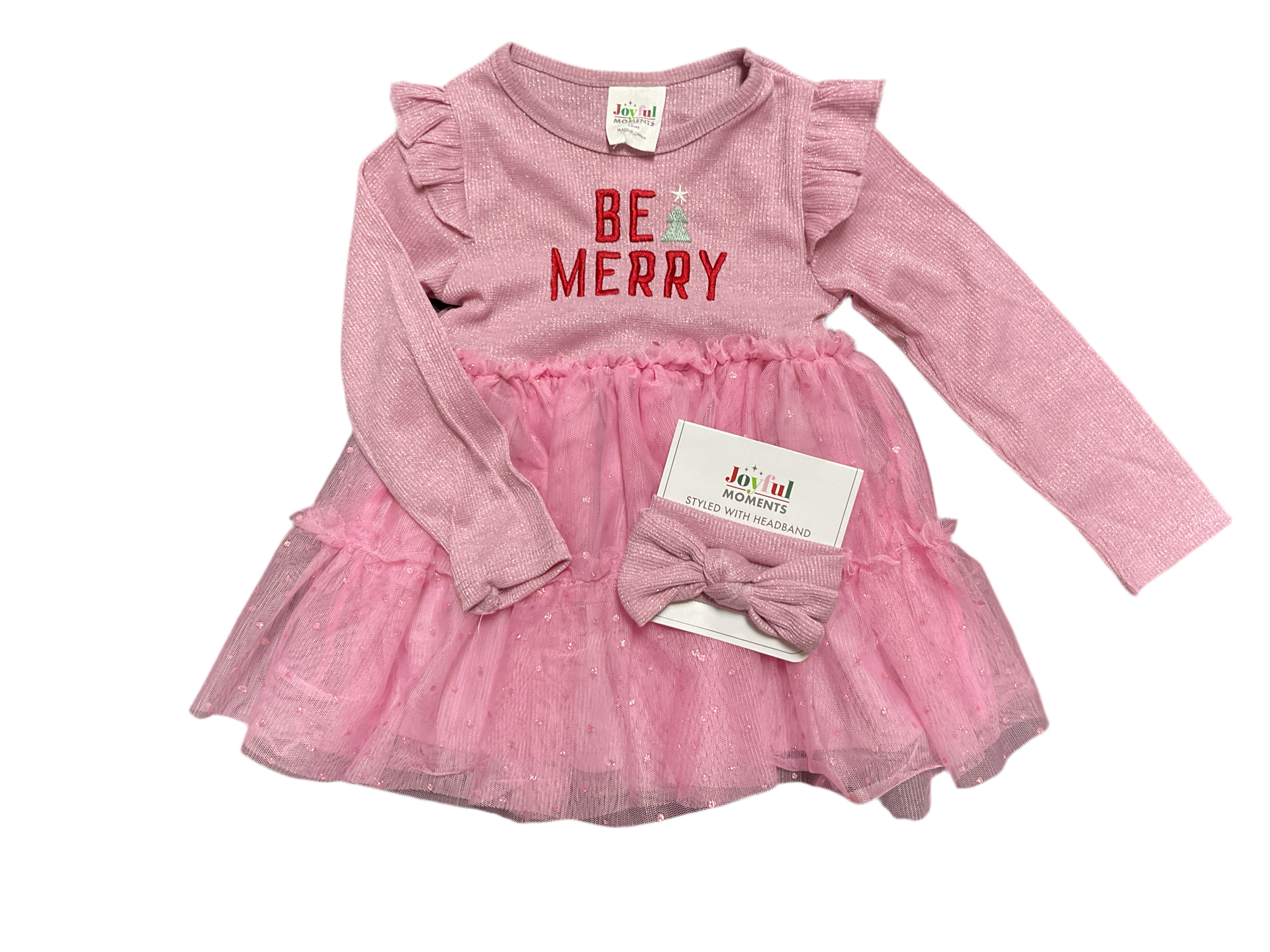 Joyful Moments- Tulle Be Merry Pink Christmas Dress W/ Bow