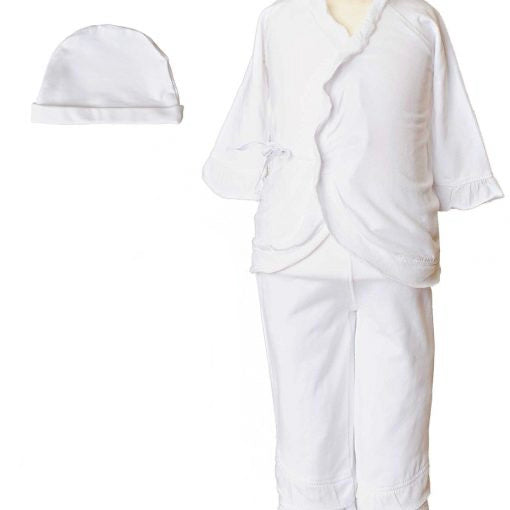 Girls 3Pc Bamboo Layette Set in White - 3/6M