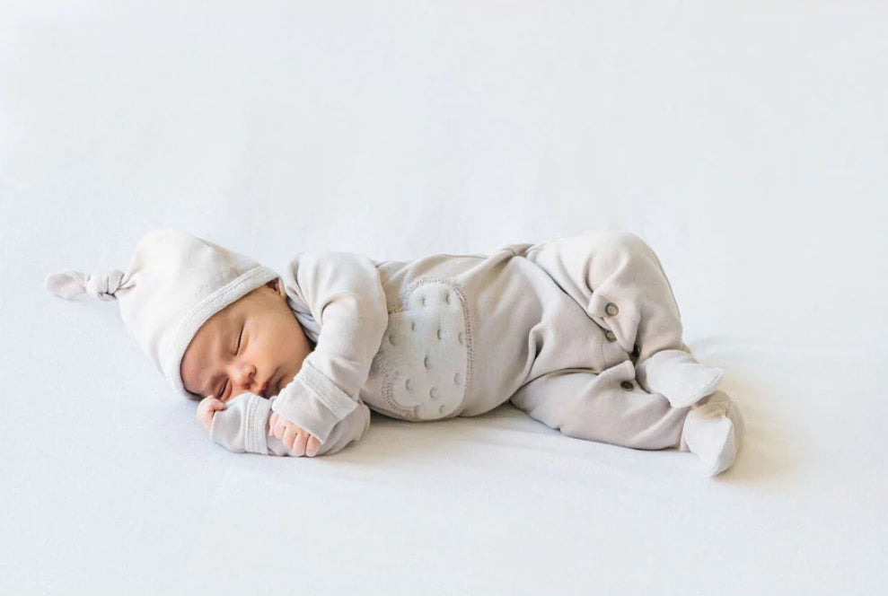 Velveteen Footie light gray w/ knotted cap