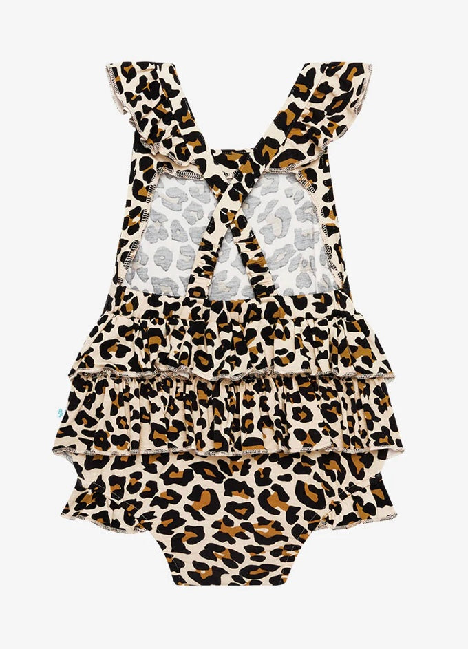 POSH PEANUT | Lana Leopard Basic Ruffled Capsleeve Bubble Romper -0/3M