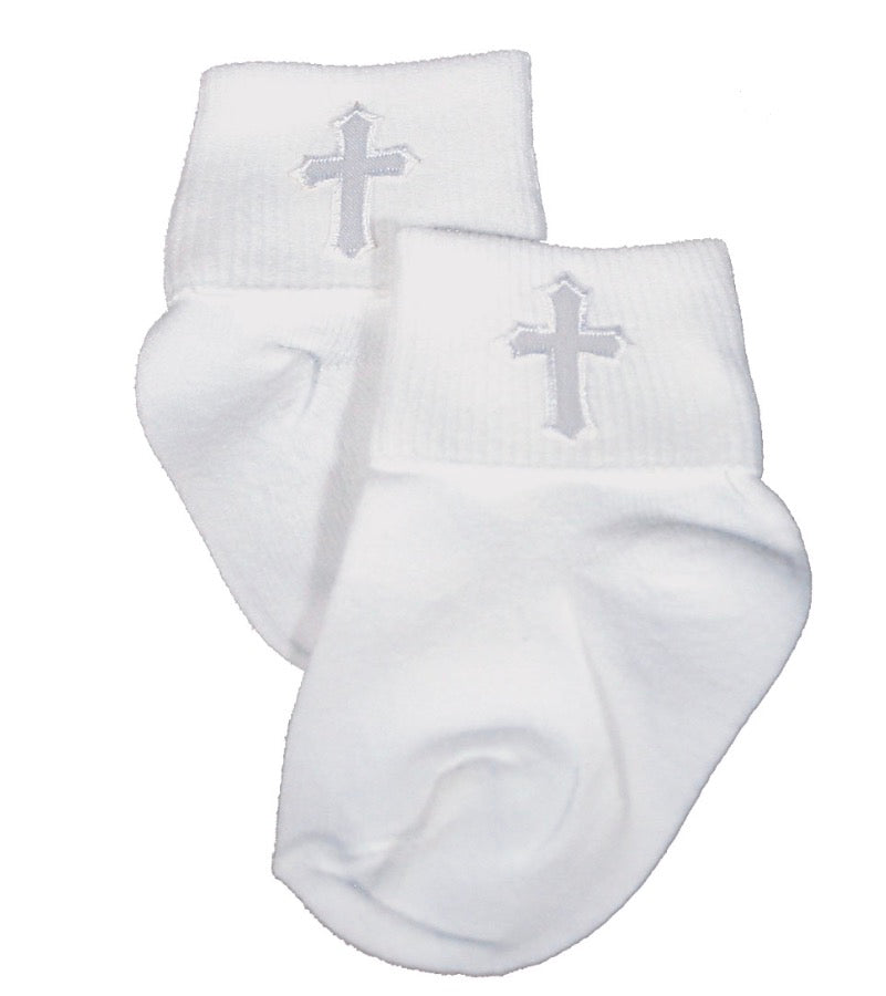 Unisex White Cotton Anklet Socks with Embroidered Cross - Medium