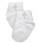 Unisex White Cotton Anklet Socks with Embroidered Cross - Medium