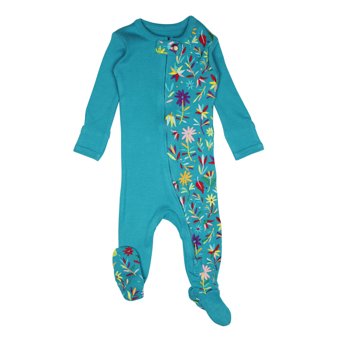 Embroidered Organic Zipper Footie Teal Floral