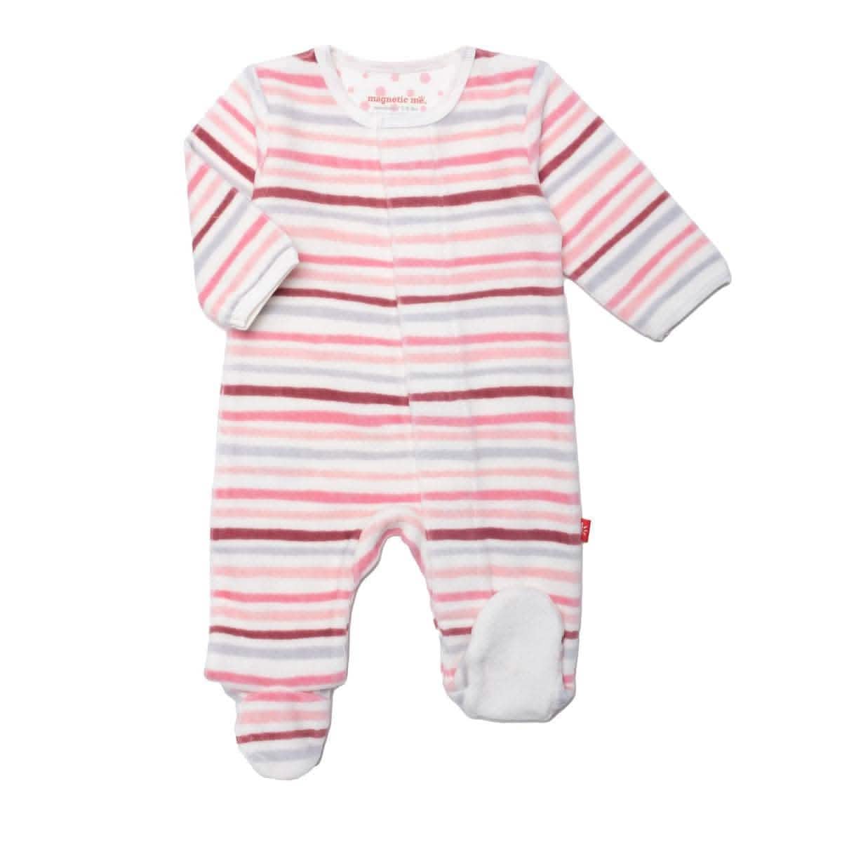 Magnetic Me- Pink Multi Stripe Velour Footie
