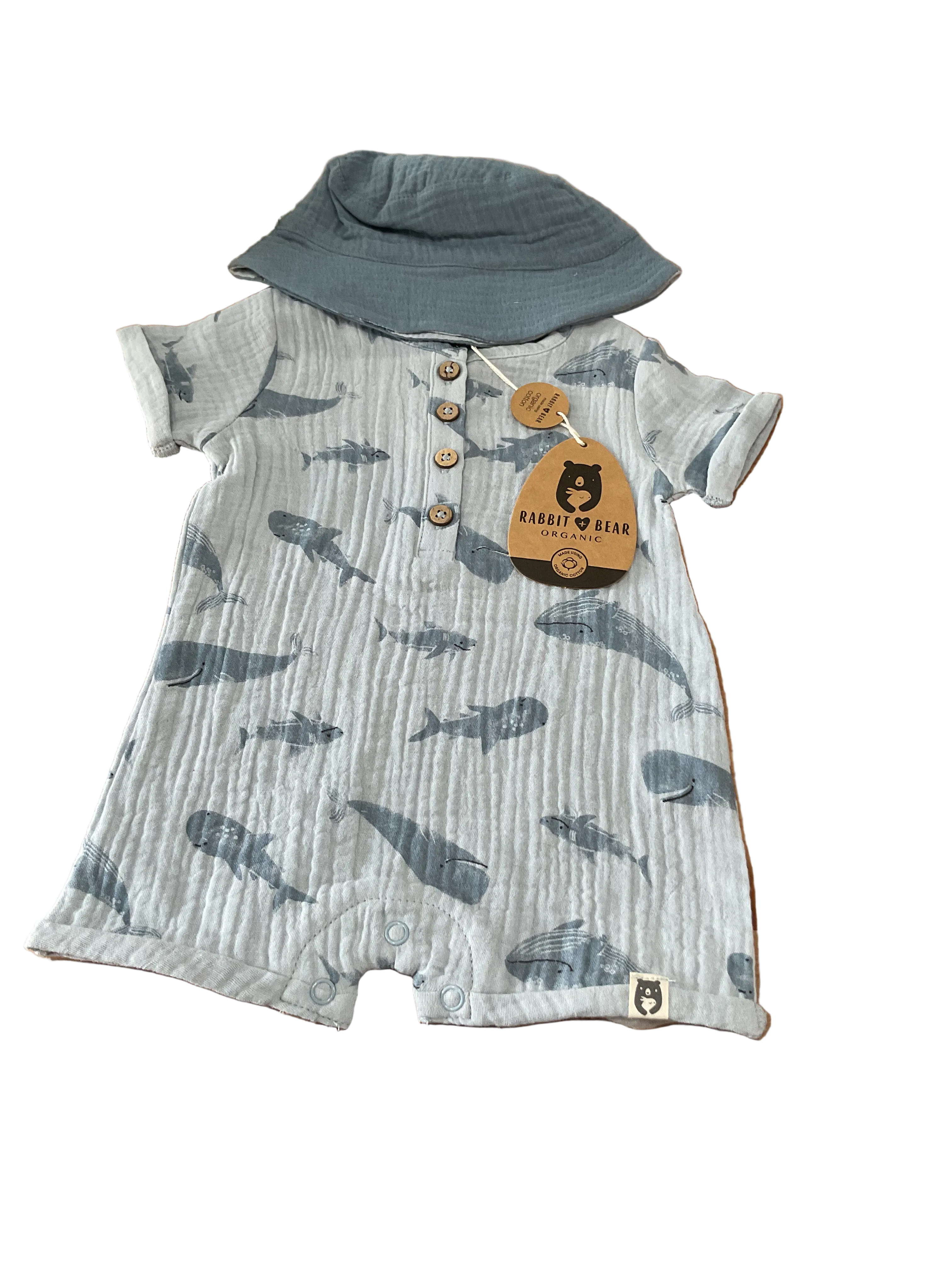 Rabbit + Bear Blue Sea Life Romper w/ Hat