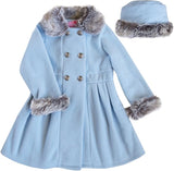 Good Lad Blue Double Breasted Fleece Coat with Faux Fur Collar Cuff Matching Hat