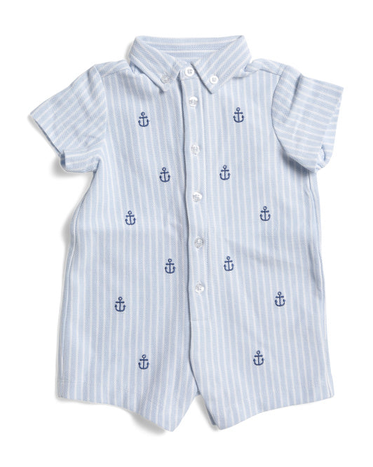 Little Me Boys Anchor Embroidered Pique Knit Romper