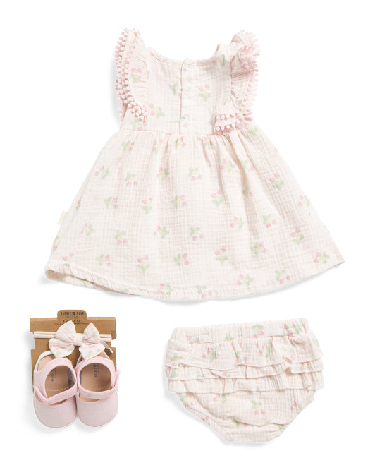 RABBIT AND BEAR ORGANIC Infant Girls Strawberry Dress And Bloomers Set With Headband And Shoes