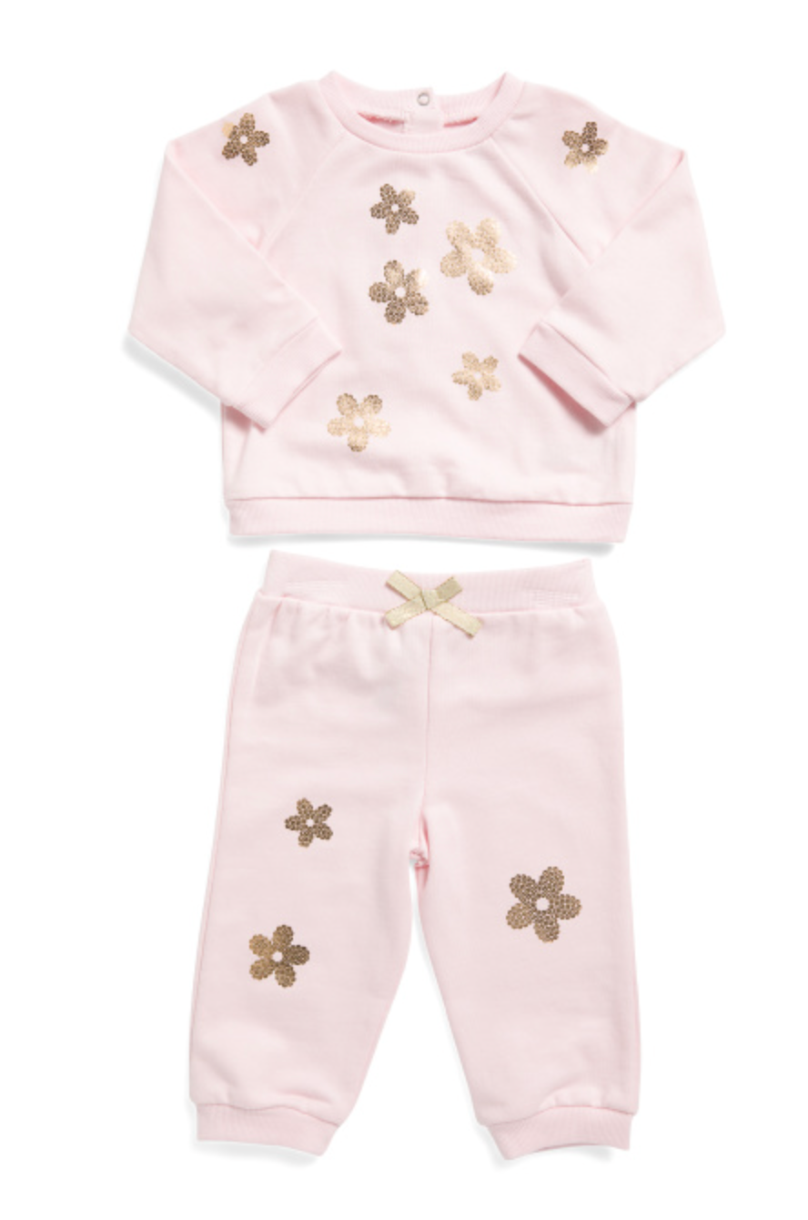 Little Me | 2Pc Pink & Gold Flower Sweat Set