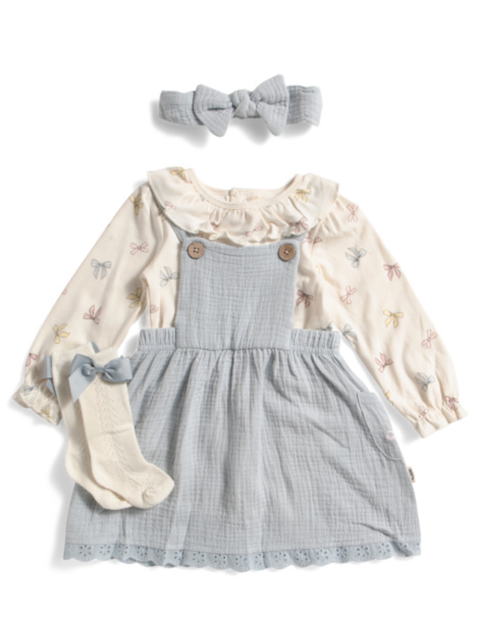 Girls 2pc Bow Print Bodysuit And Gauze Jumper Set