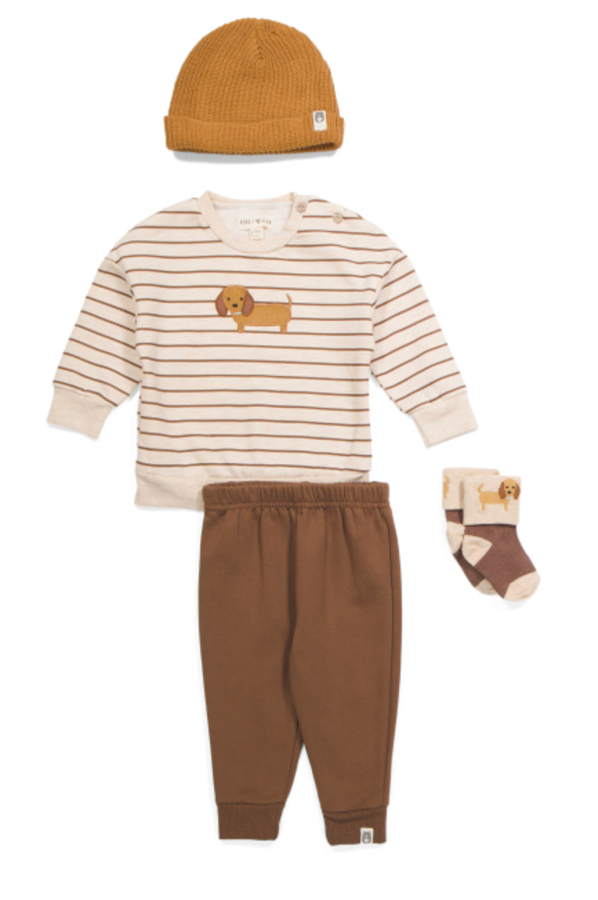 Puppy Stripe 4PC Top And Cozy Pants Set