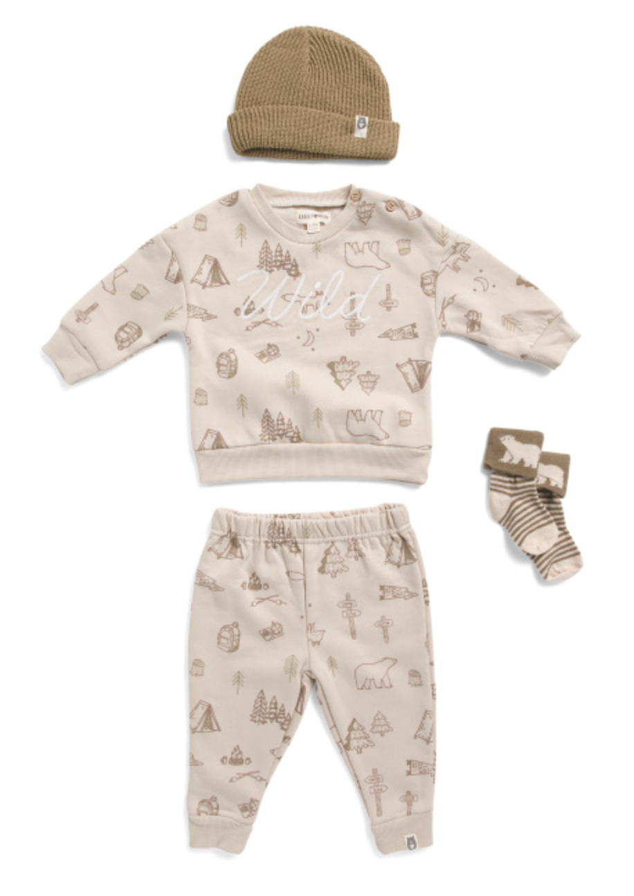 Rabbit + Bear Organic 4PC Boys Cozy Camping Print Sweatshirt And Sweatpants Set