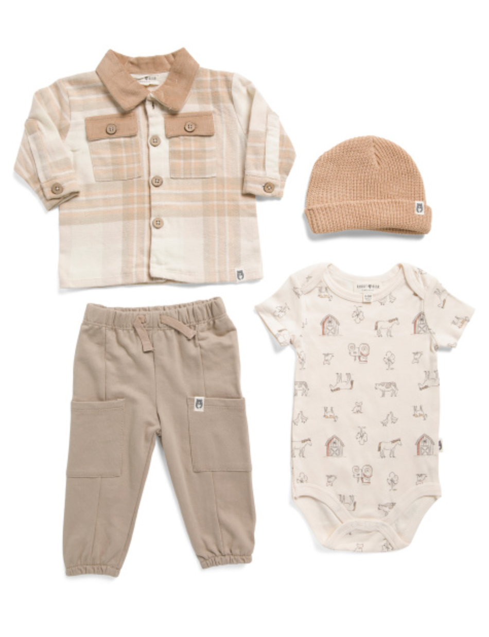 RABBIT AND BEAR ORGANIC Boys 4pc Barn Shacket Bodysuit And Pants Set With Hat