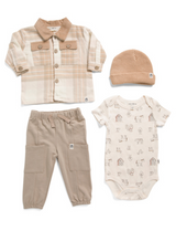 RABBIT AND BEAR ORGANIC Boys 4pc Barn Shacket Bodysuit And Pants Set With Hat