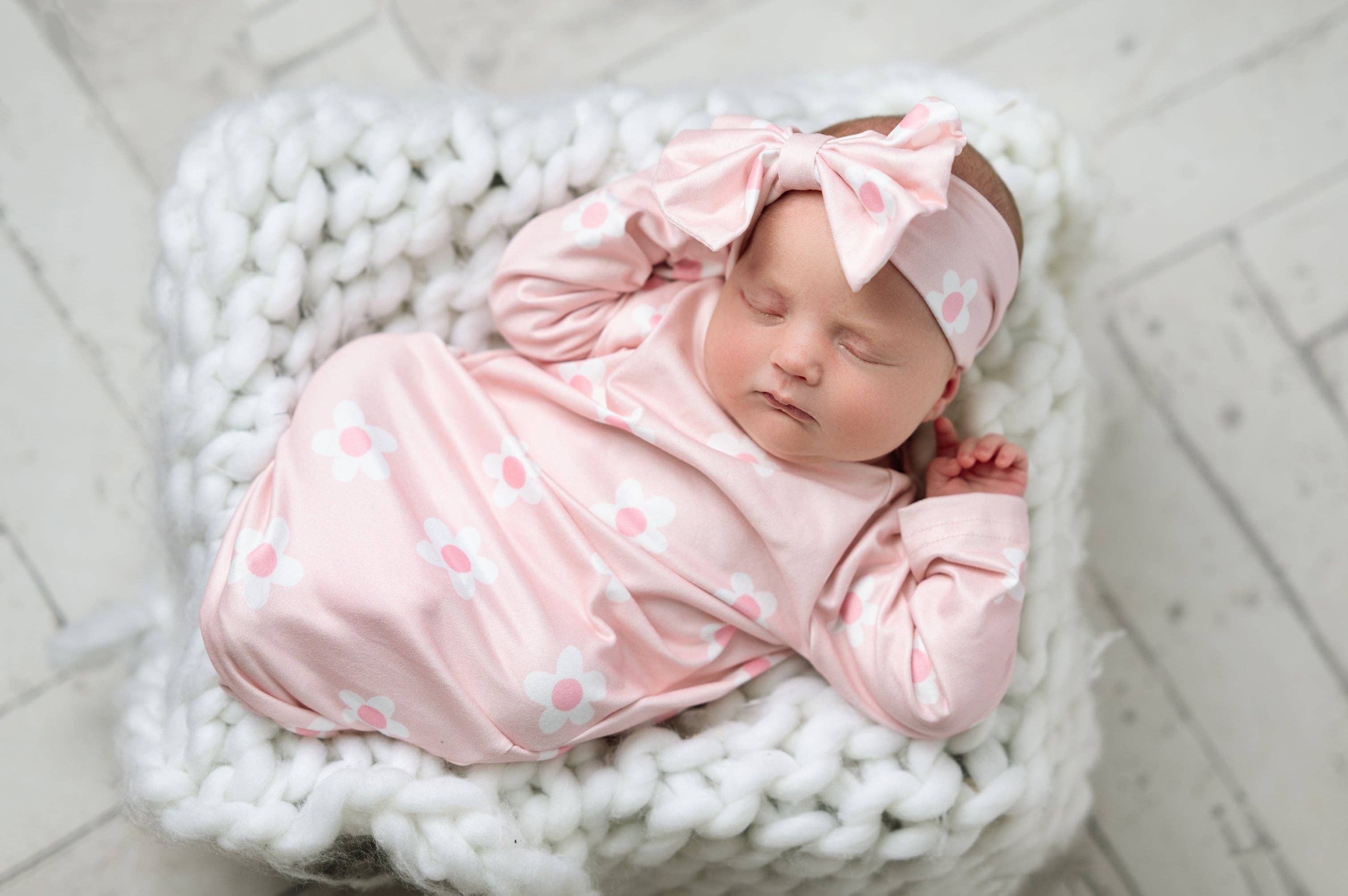 Infant Girls Pink Dainty Flower Baby Gown and Bow Headband
