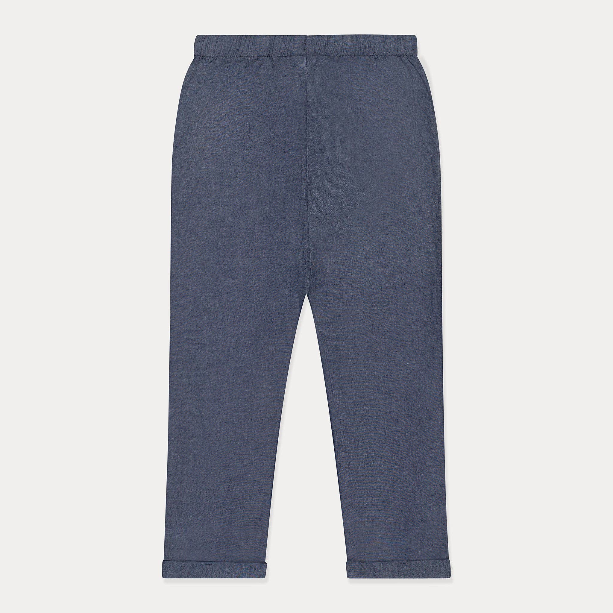Toddler Pants, Chambray Fabric Trousers, Blue Shades