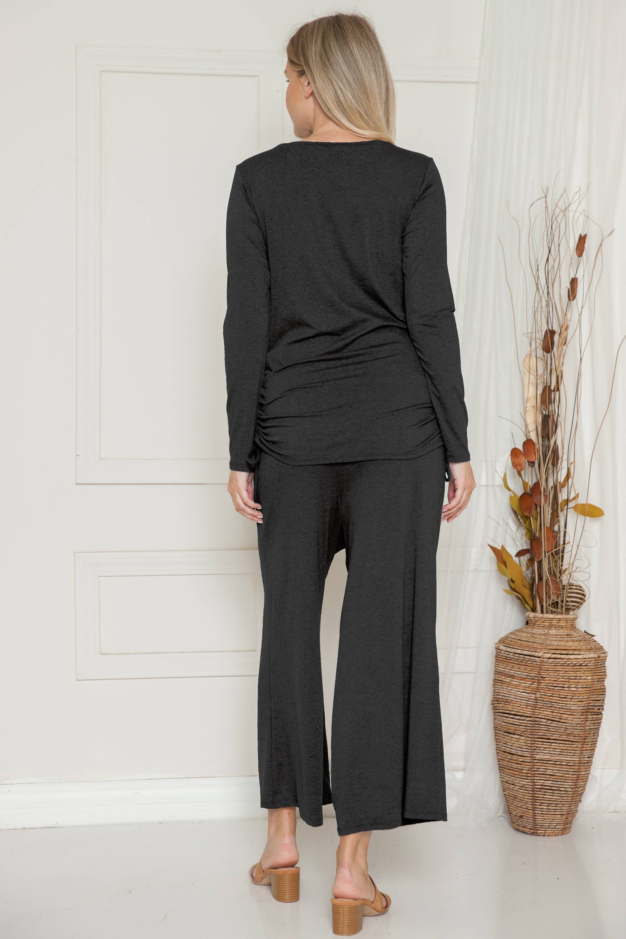 Maternity Shirring Drawstring Top & Wide Pants Basic Sets