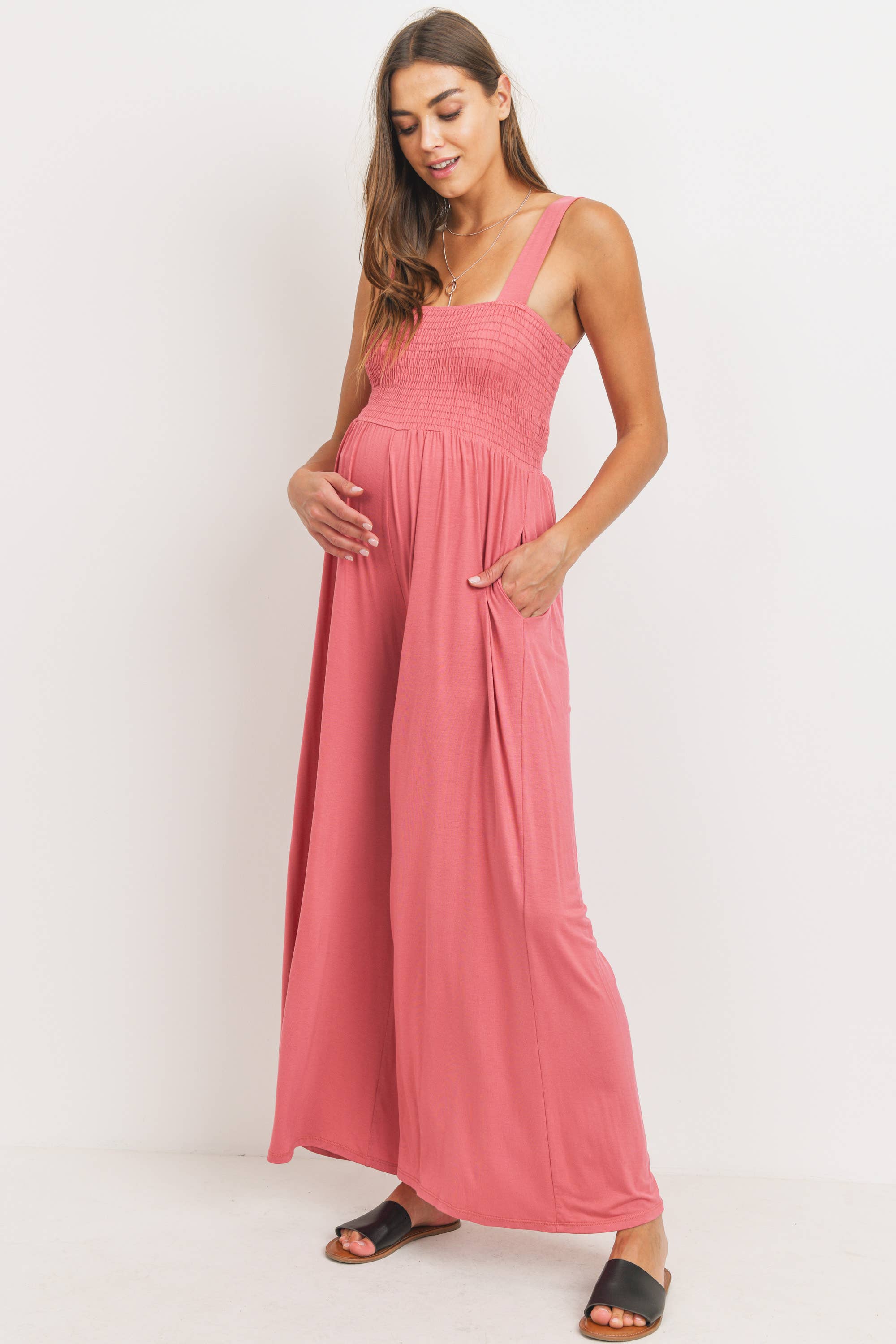 Sleeveless Smocked Maternity Wide-Leg Jumpsuit