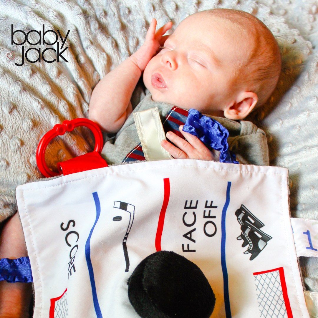 Hockey Puck Baby Learning Lovey Tag Stroller Toy 10" x 10"