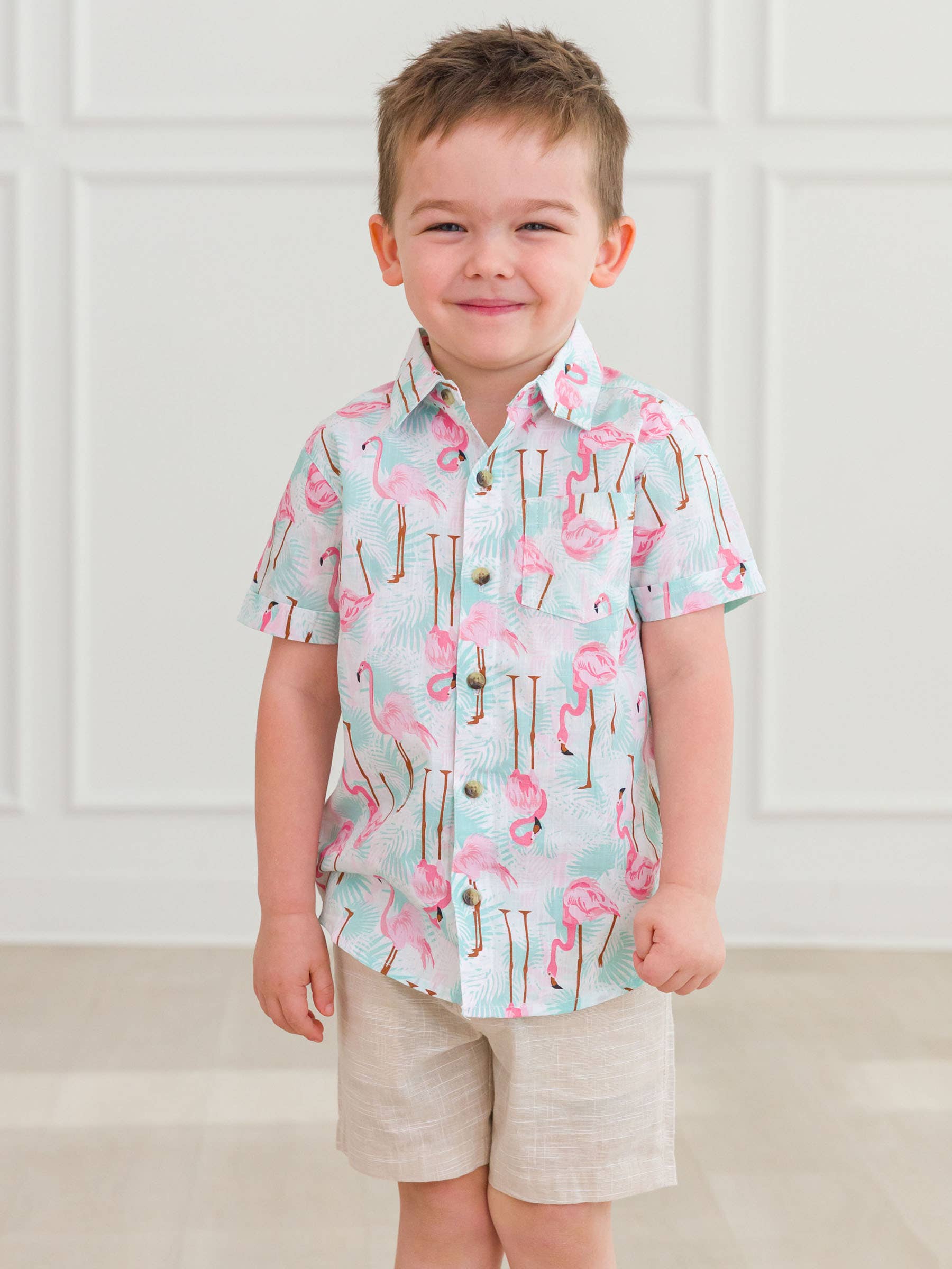 Boys Vibrant Flamingo Short Sleeve Button Down Shirt