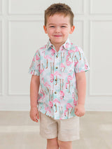 Boys Vibrant Flamingo Short Sleeve Button Down Shirt