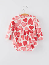 Girls Valentine's Day Button Heart Print Ruffle Romper