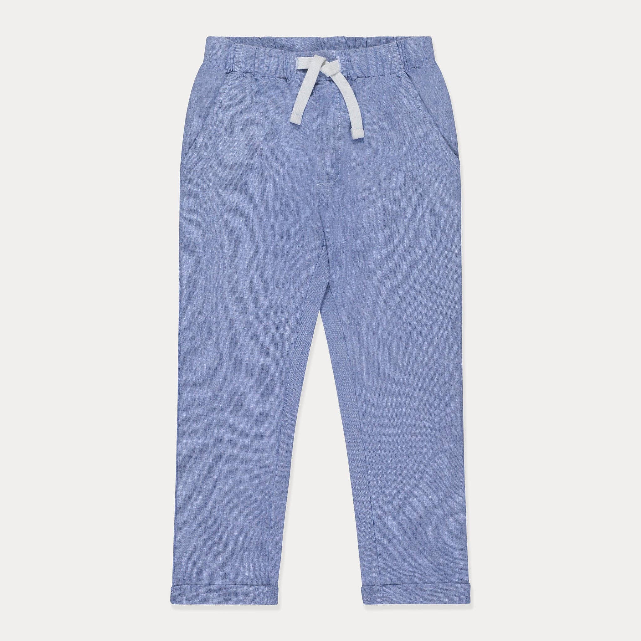 Toddler Pants, Chambray Fabric Trousers, Blue Shades