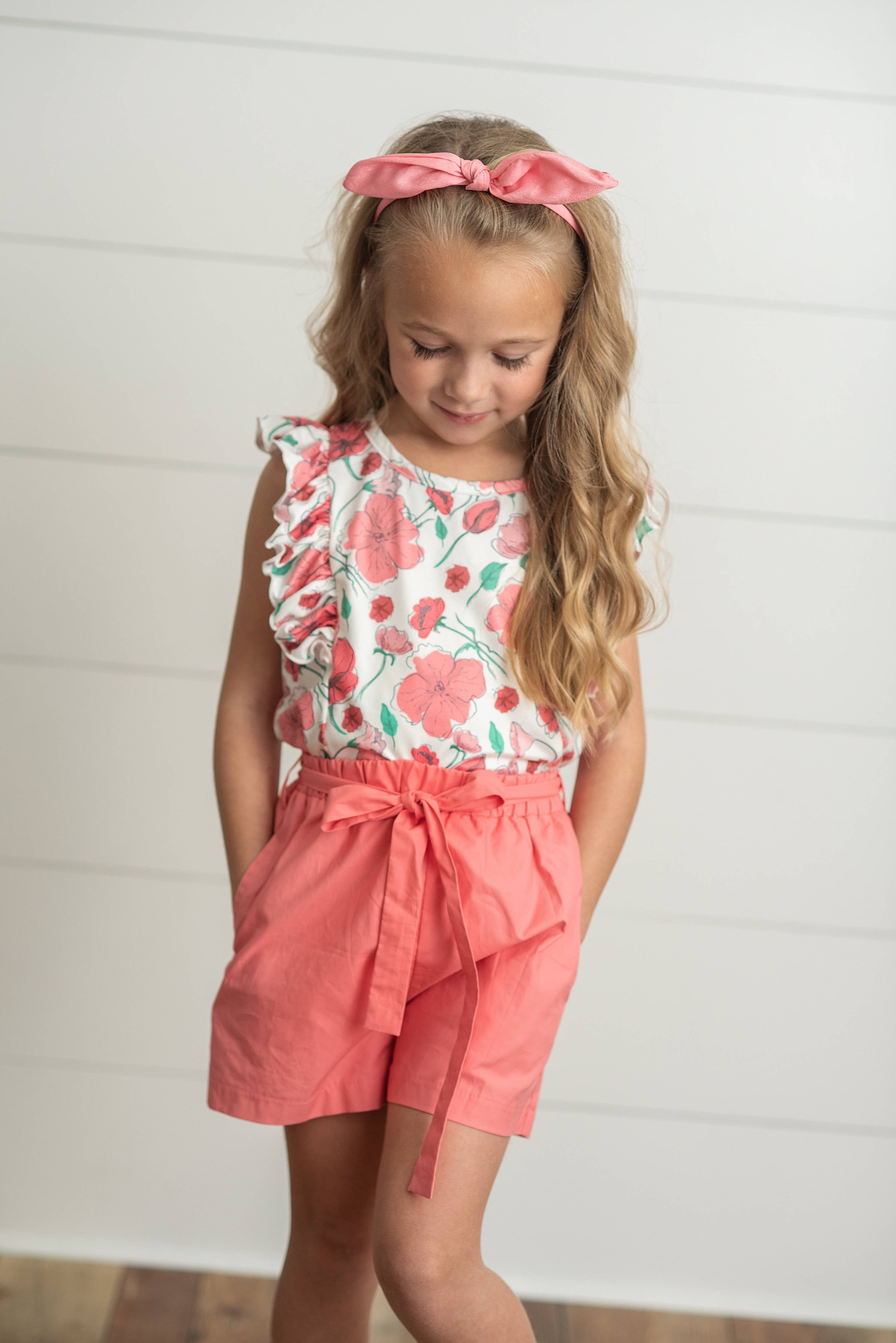 Kids Coral Pink Floral Ruffle Summer Pocket Short Set