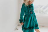 Kids Long Sleeve Dark Teal Ruffle Button Fall Winter Dress