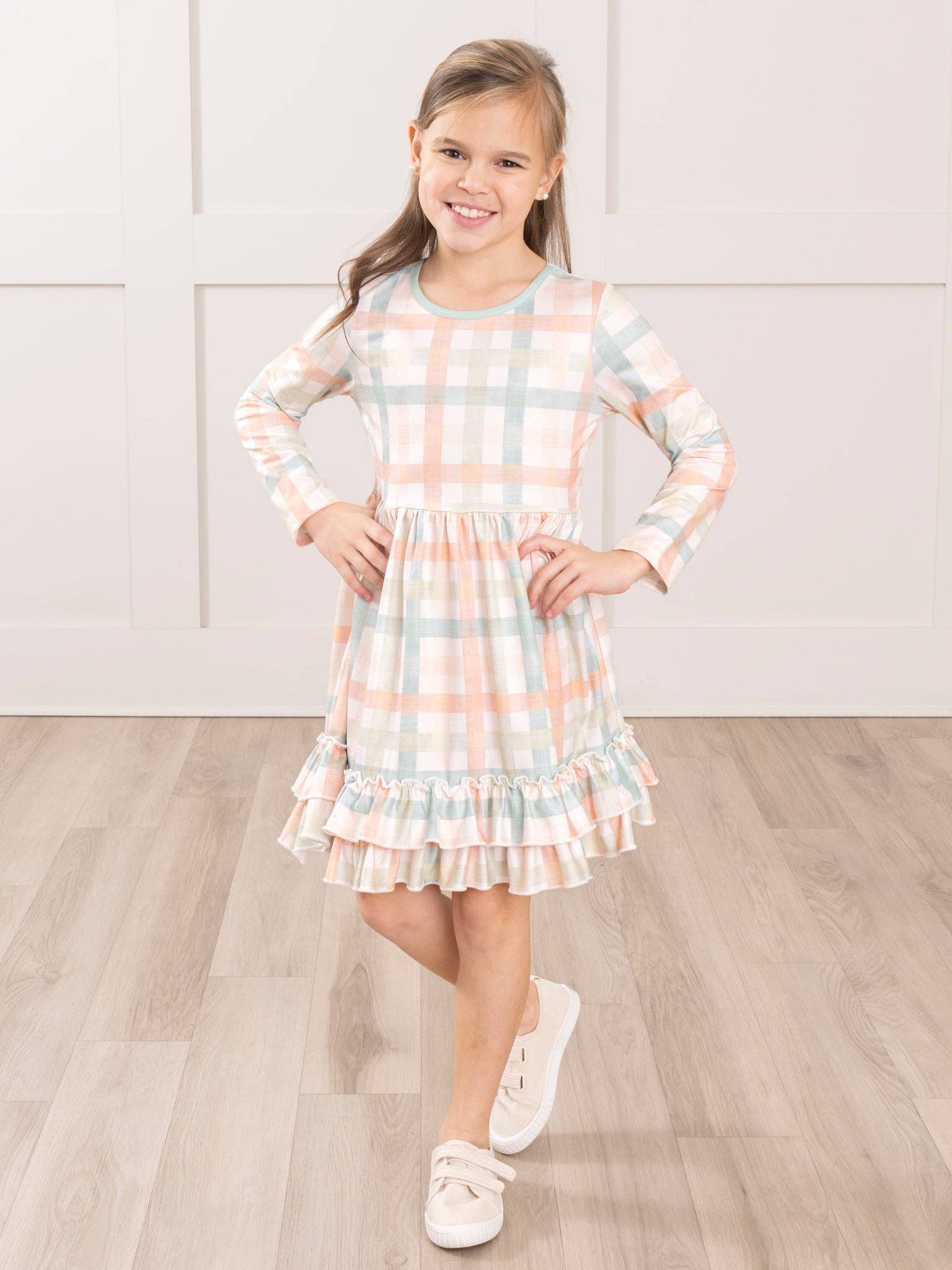 Peachy Mint Plaid Ruffle Dress