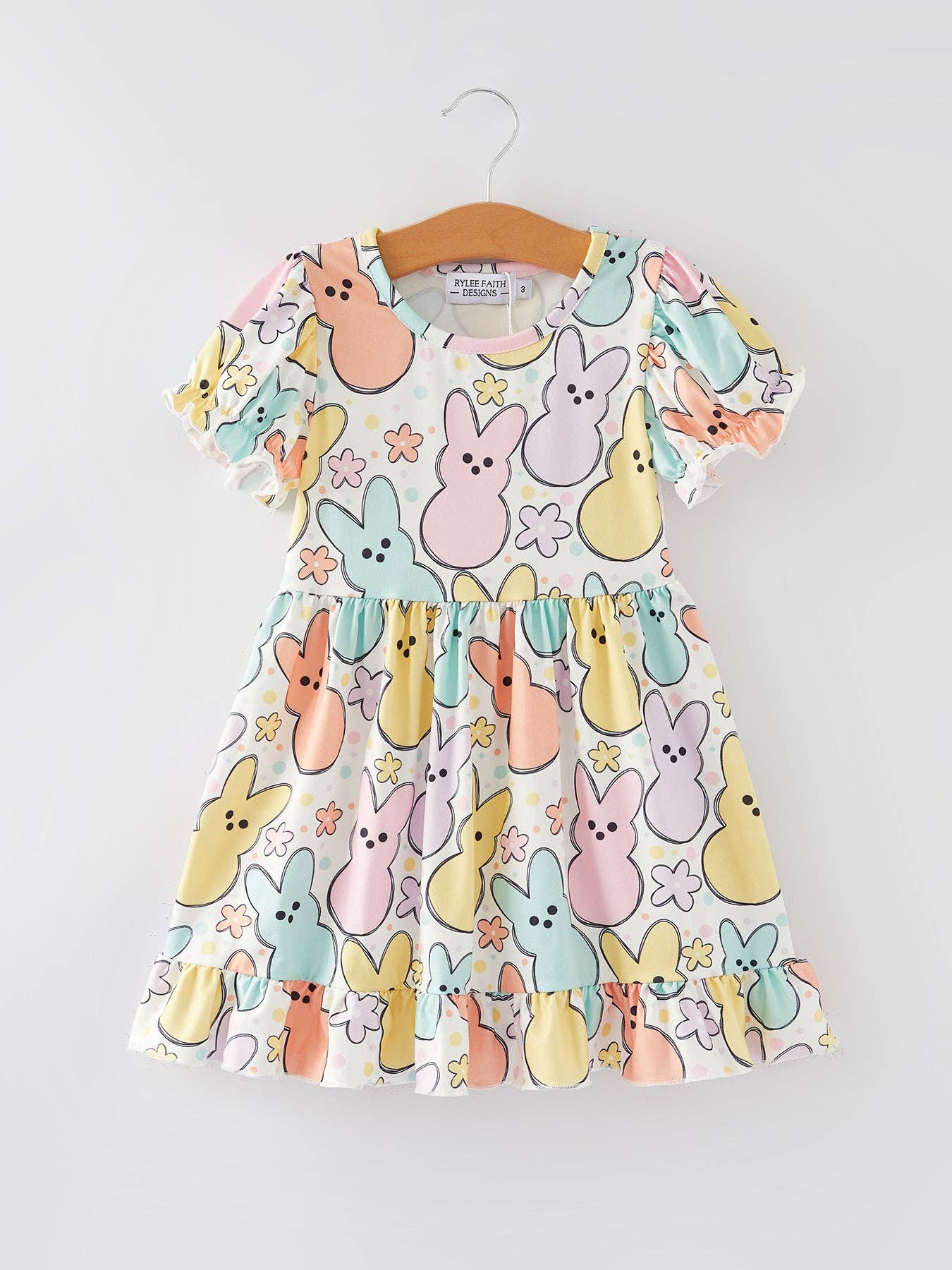 Easter Colorful Bunny Print Puff Sleeves Girls Dress