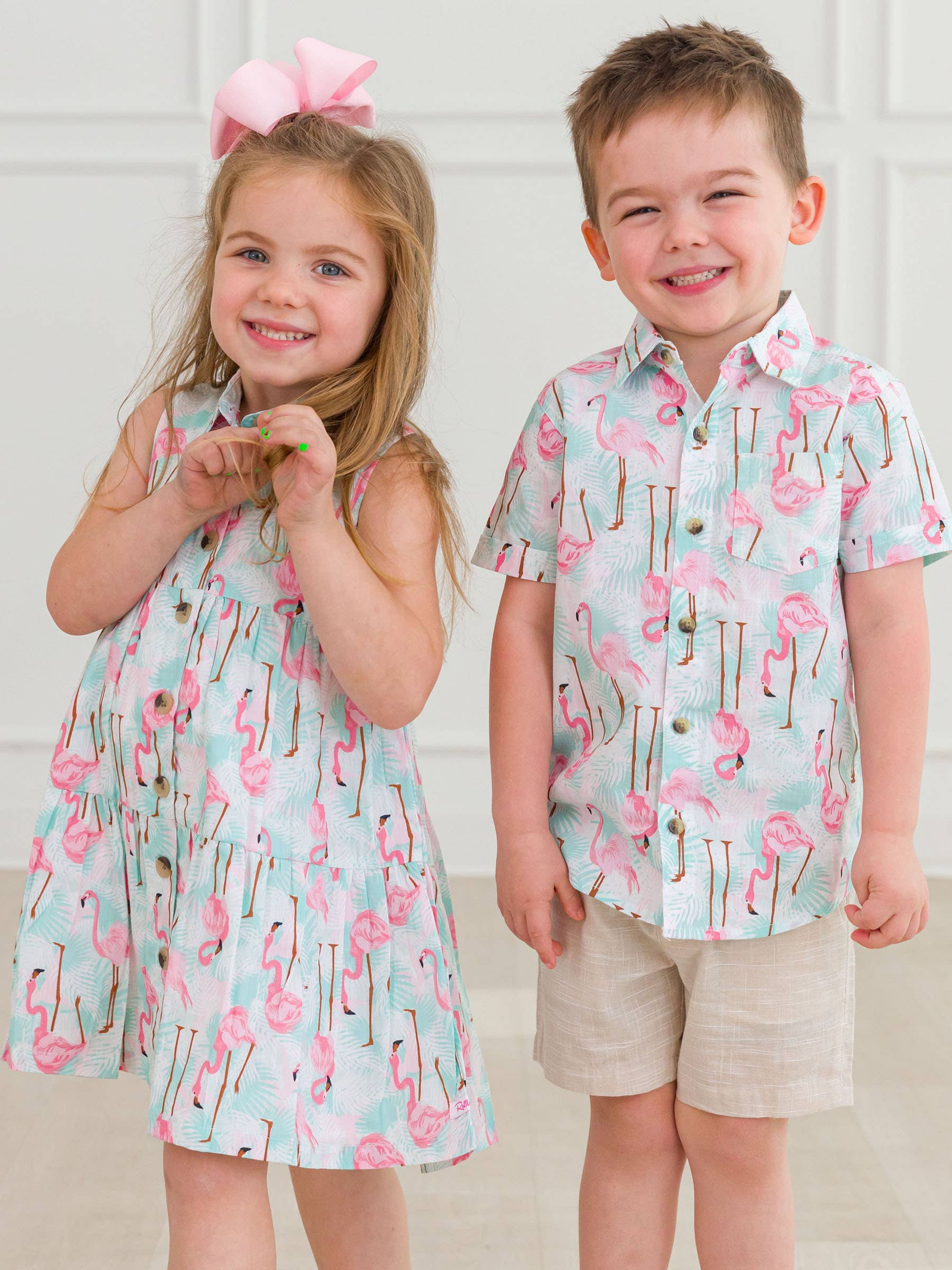 Boys Vibrant Flamingo Short Sleeve Button Down Shirt