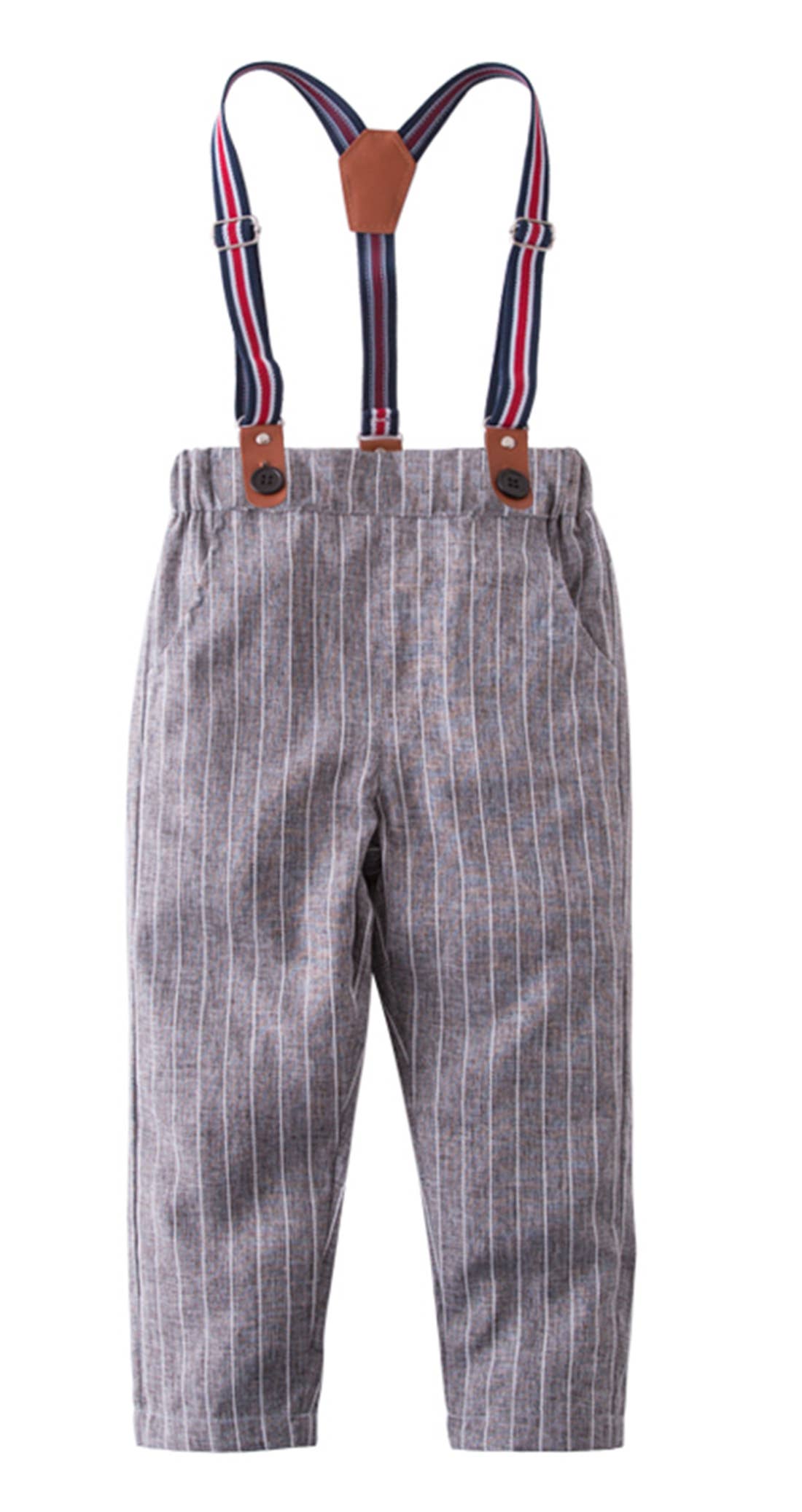 Grey Stripe Boy Cotton Chino Long Pants with Suspenders