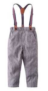 Grey Stripe Boy Cotton Chino Long Pants with Suspenders