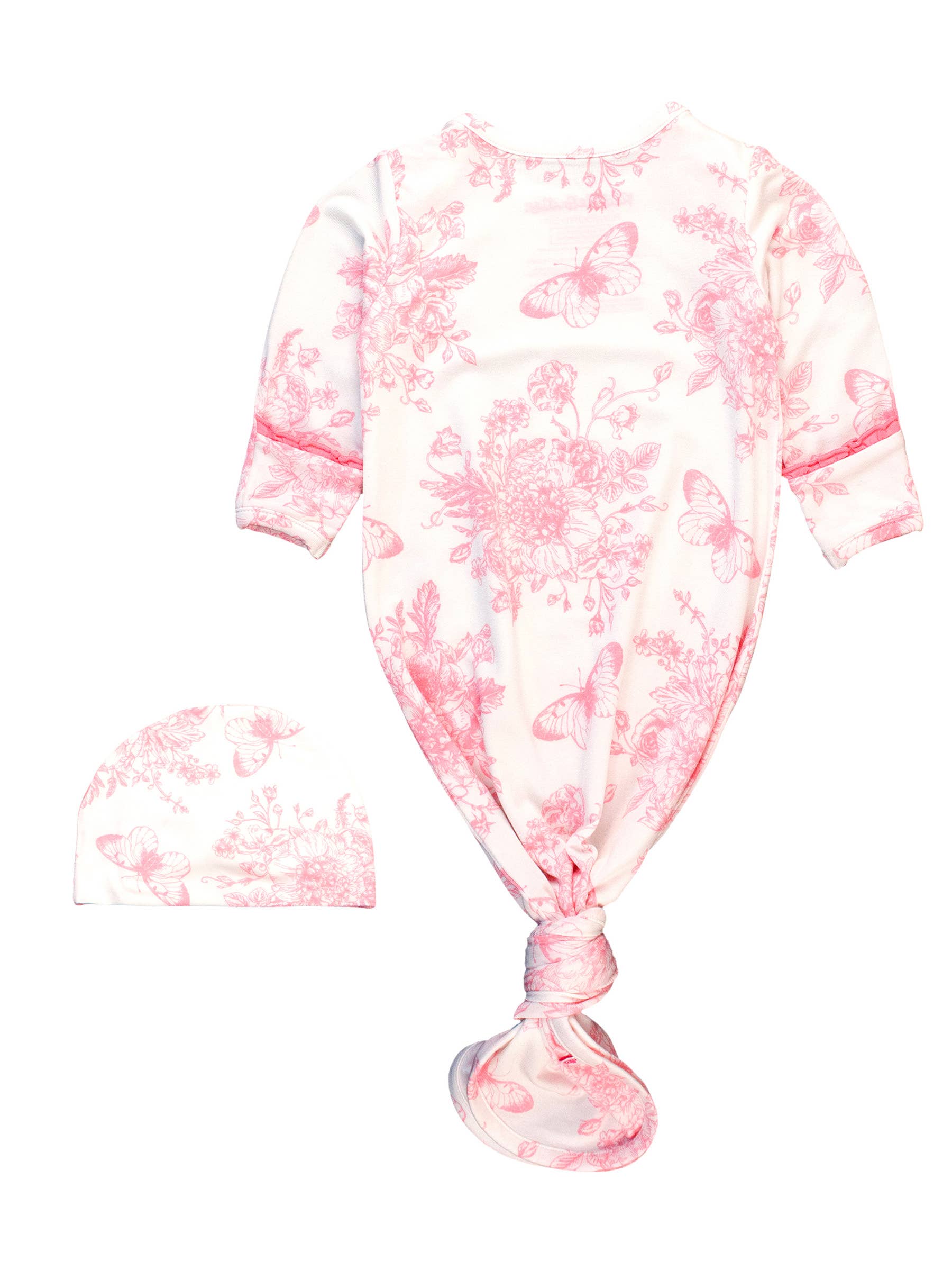 Baby Girls Pink Butterfly Garden Toile Bamboo Viscose Knotted Ruffle Gown & Hat Set