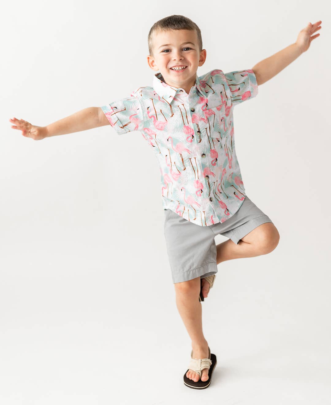 Boys Vibrant Flamingo Short Sleeve Button Down Shirt
