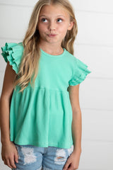 Kids Turquoise Double Ruffle Flutter Sleeve Spring Shirt