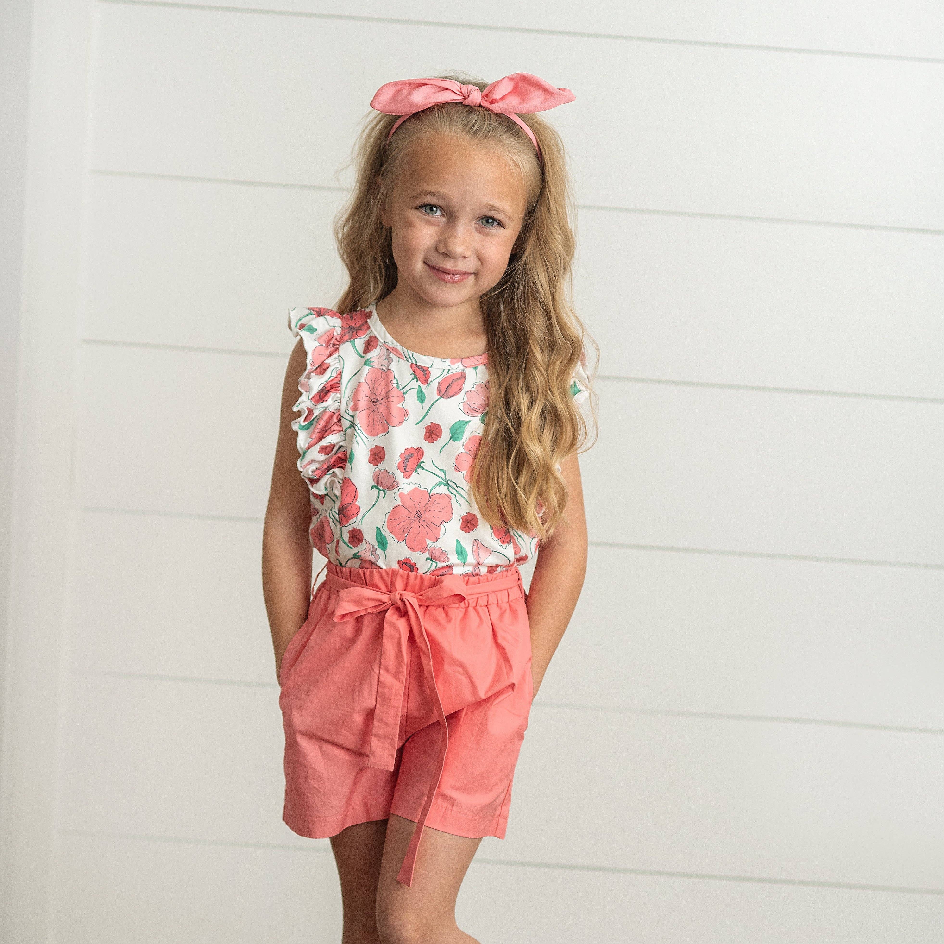 Kids Coral Pink Floral Ruffle Summer Pocket Short Set