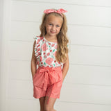 Kids Coral Pink Floral Ruffle Summer Pocket Short Set