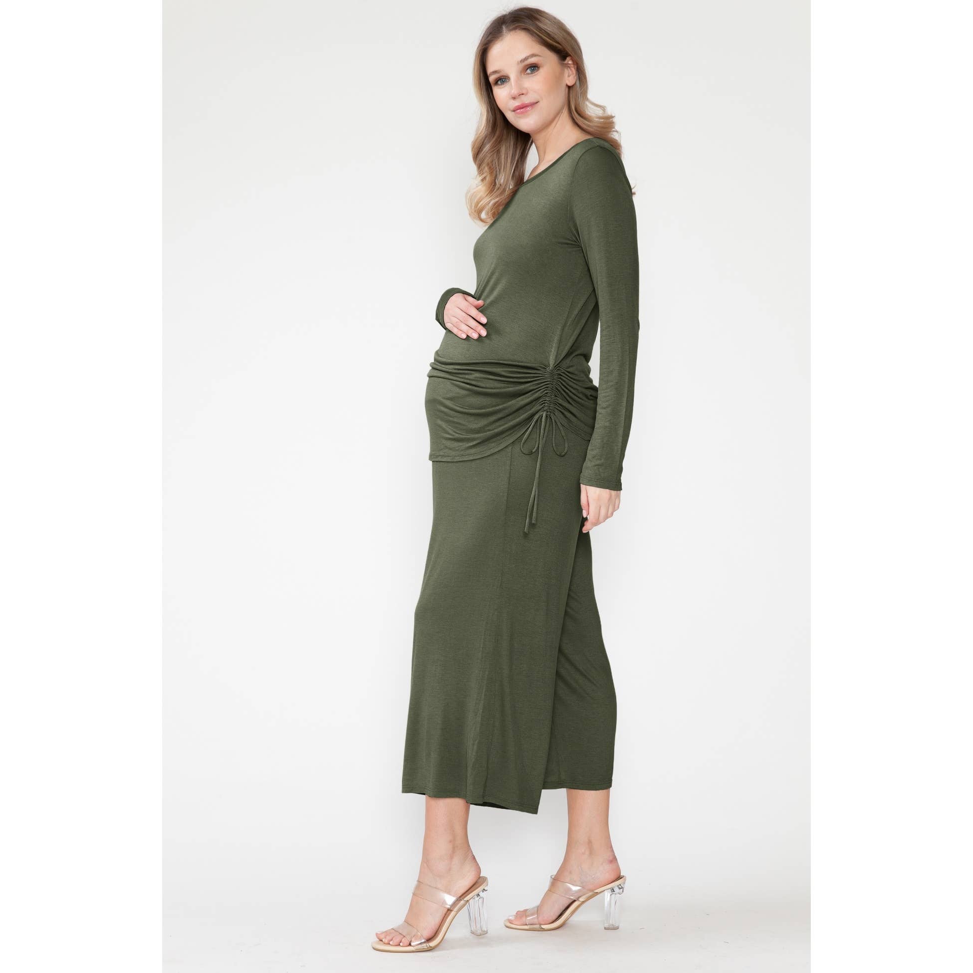 Maternity Shirring Drawstring Top & Wide Pants Basic Sets