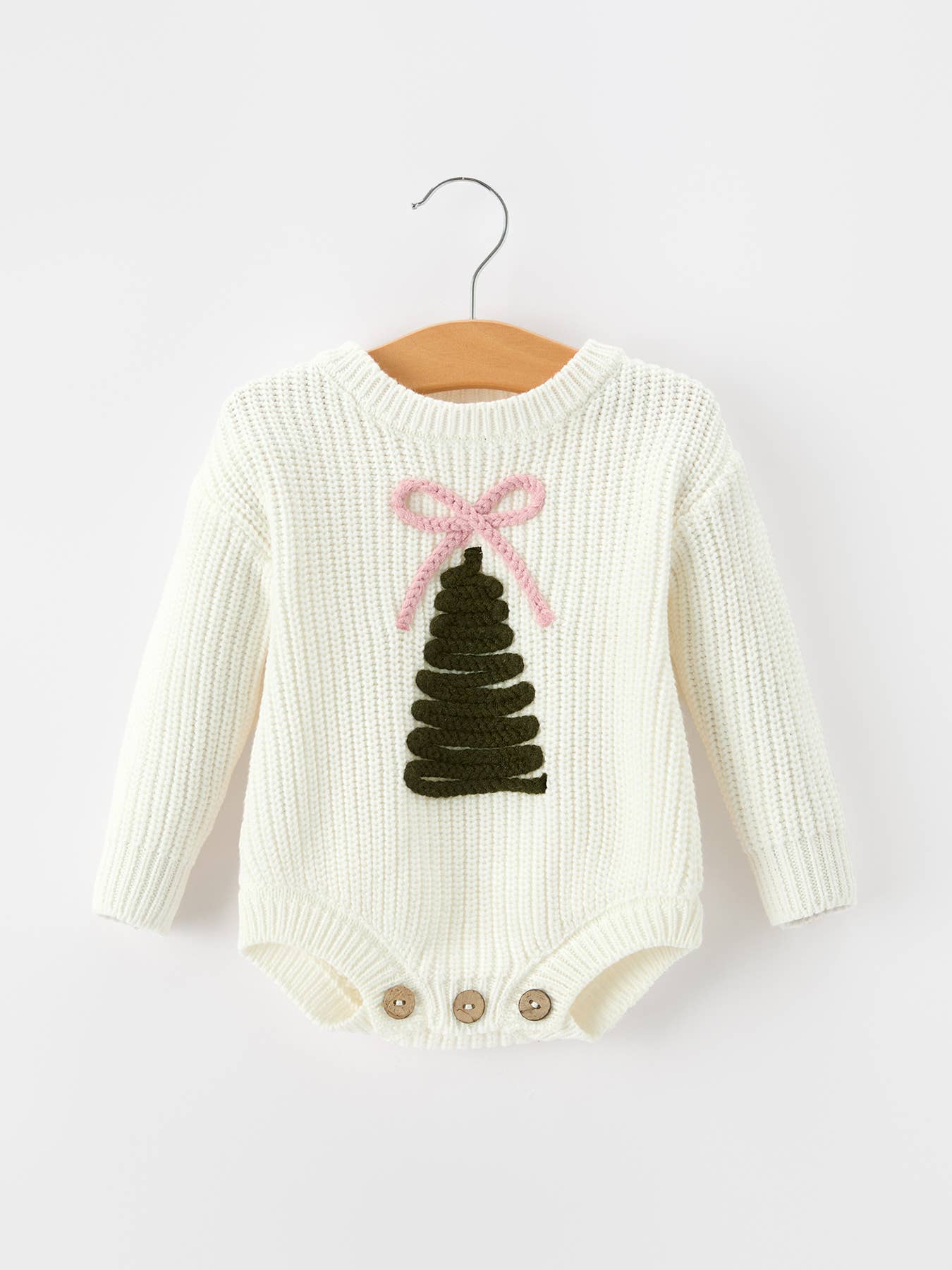 Christmas Tree Knit Romper Bow Long Sleeve