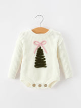 Christmas Tree Knit Romper Bow Long Sleeve